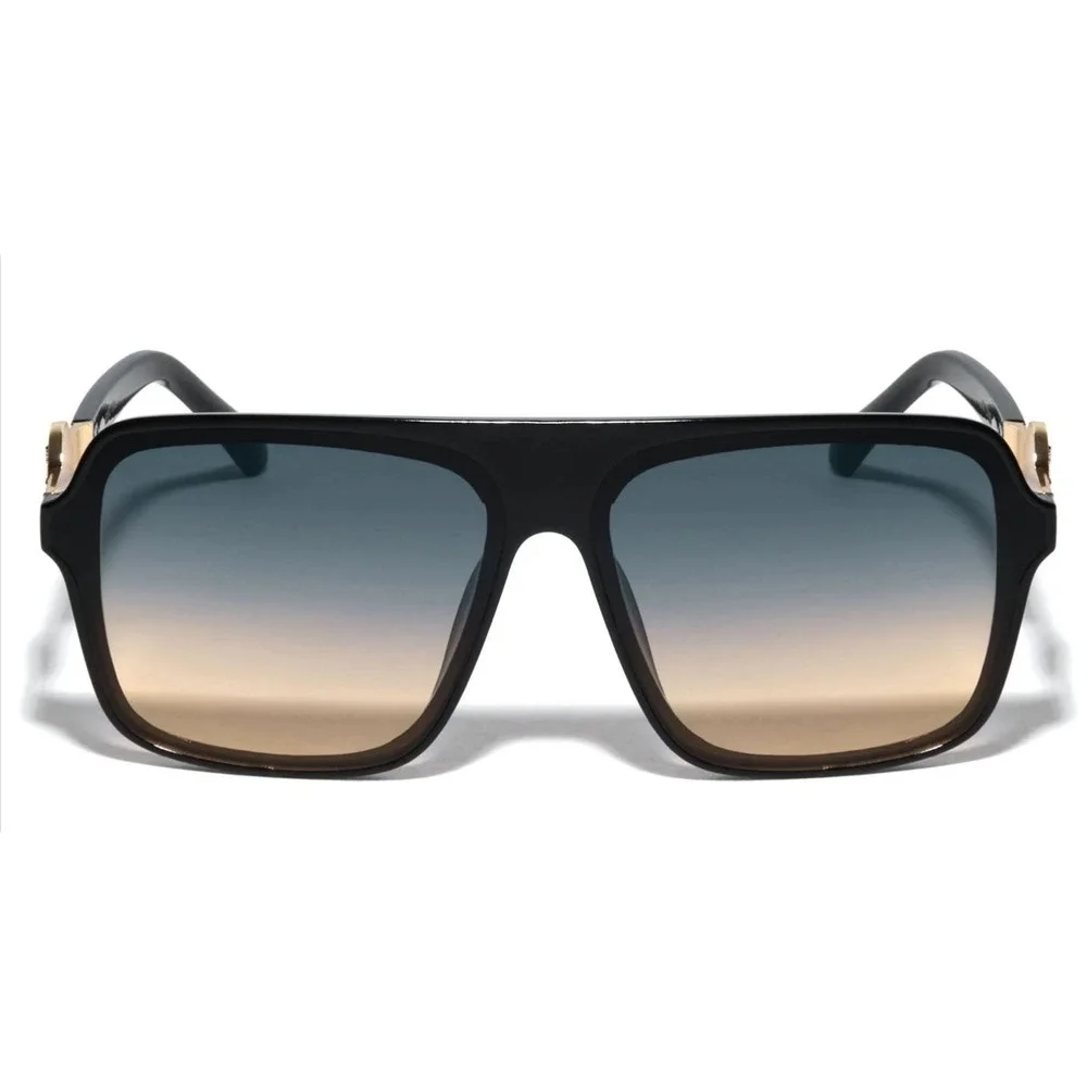 Mens Oversized Square Flat Top Sunglasses Black Gold Lion Head Gradient Green‎
